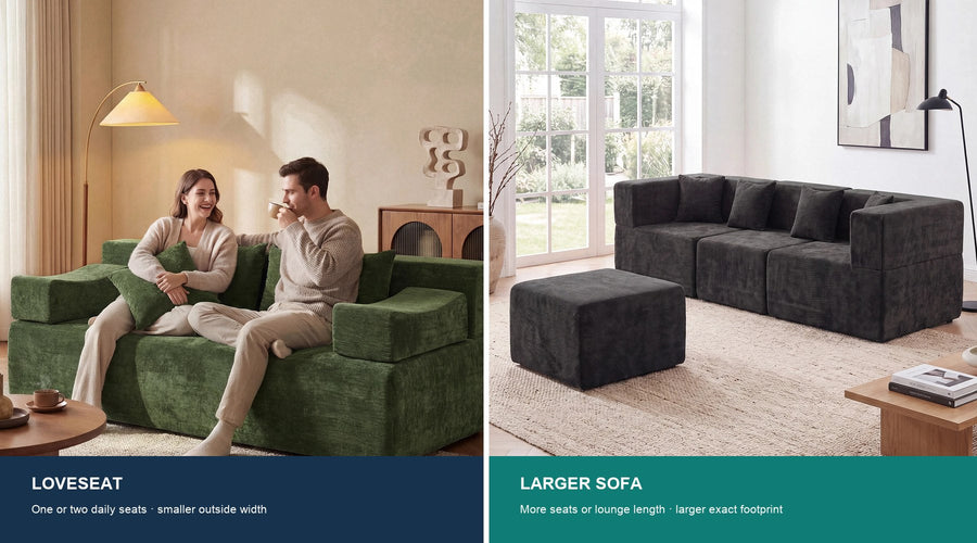 A green two-seat Monvane loveseat beside a larger dark gray modular sofa in two living rooms.