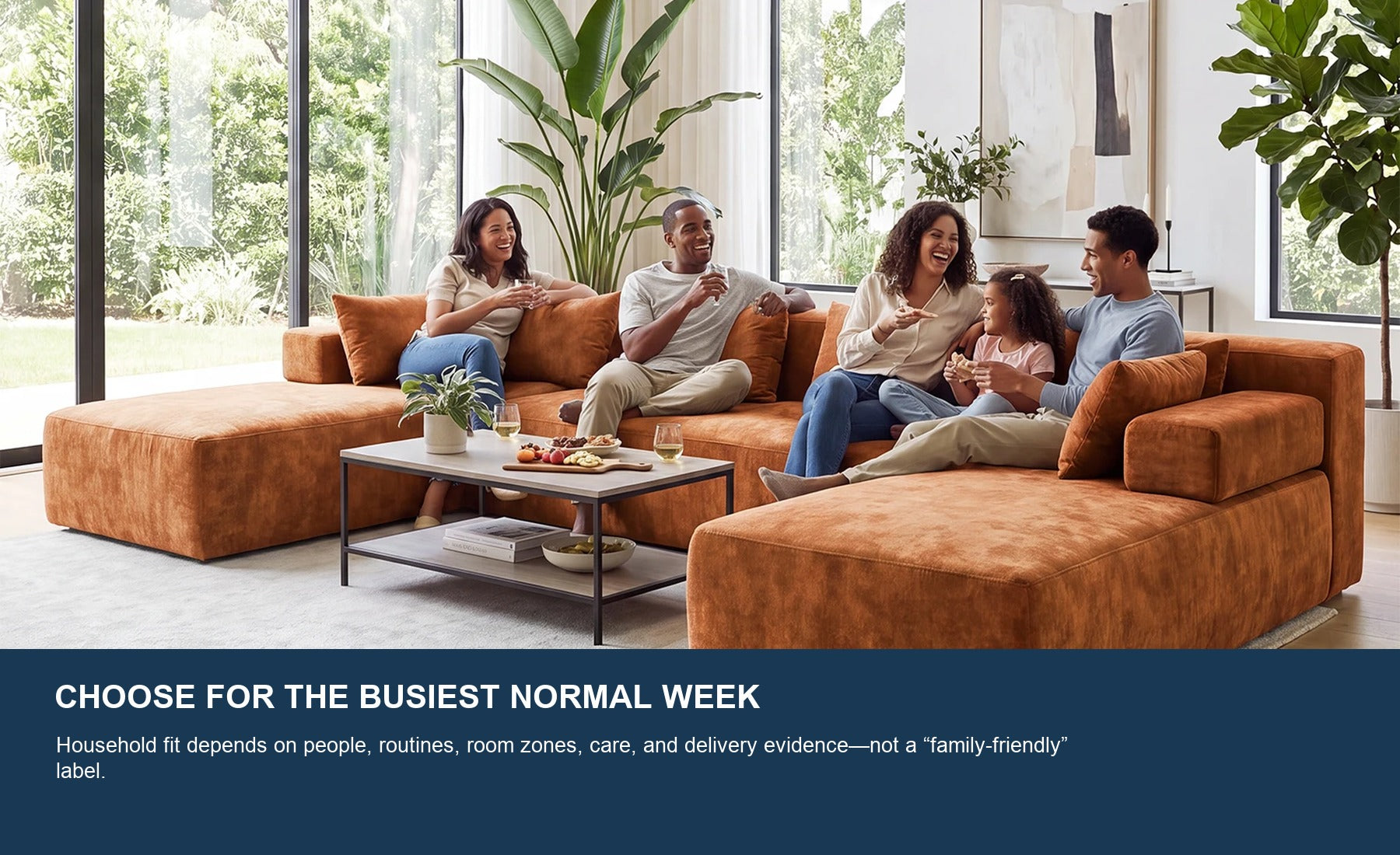 Five people sitting together on an orange Monvane U-shaped chenille sectional in a bright living room.