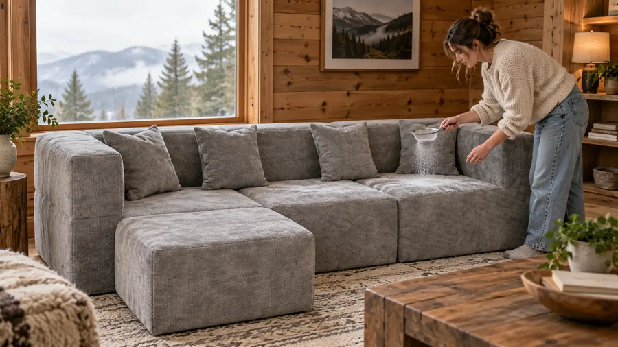 Woman sifting a thin layer of baking soda over the seat of a light grey MONVANE L-Shaped Modular Couch