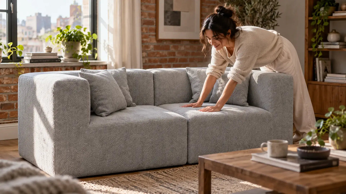 Woman smoothing a creased seat cushion with flat palms on a light grey MONVANE Loveseat Sofa (2 Seater)