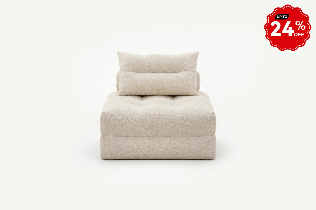 Woman reading on Monvane Beige Teddy Velvet Oversized Folding Sofa Bed in 38-inch deep lounge chair mode