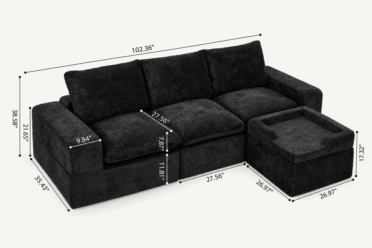 Black crushed velvet human & pet modular sofa (4 seats) by Monvane