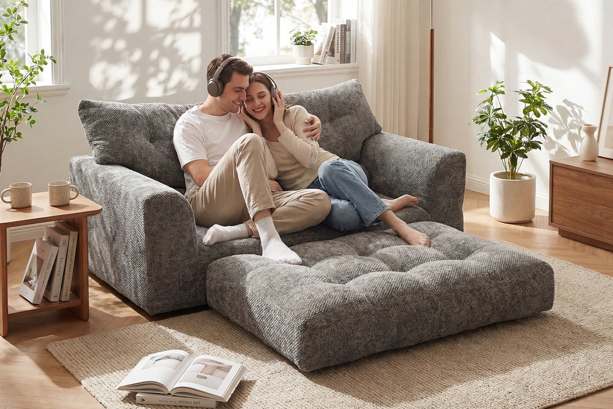 Couple Stretching Legs on Monvane Dark Grey 2-in-1 Convertible Chenille Loveseat and Floor Lounger (550 lbs Capacity)