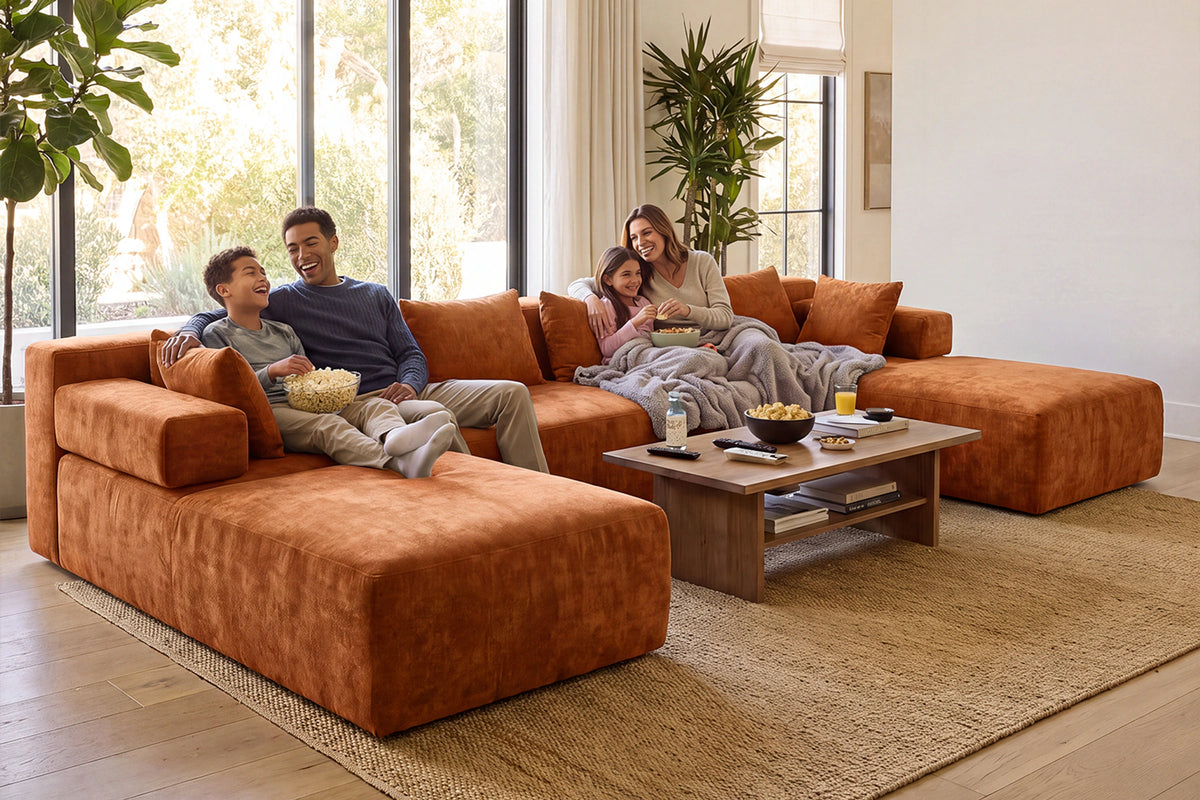 Orange U-shaped sectional couch (chenille) by Monvane