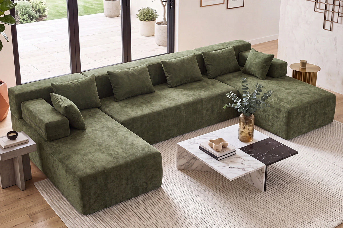 Green U-shaped sectional couch (chenille) by Monvane