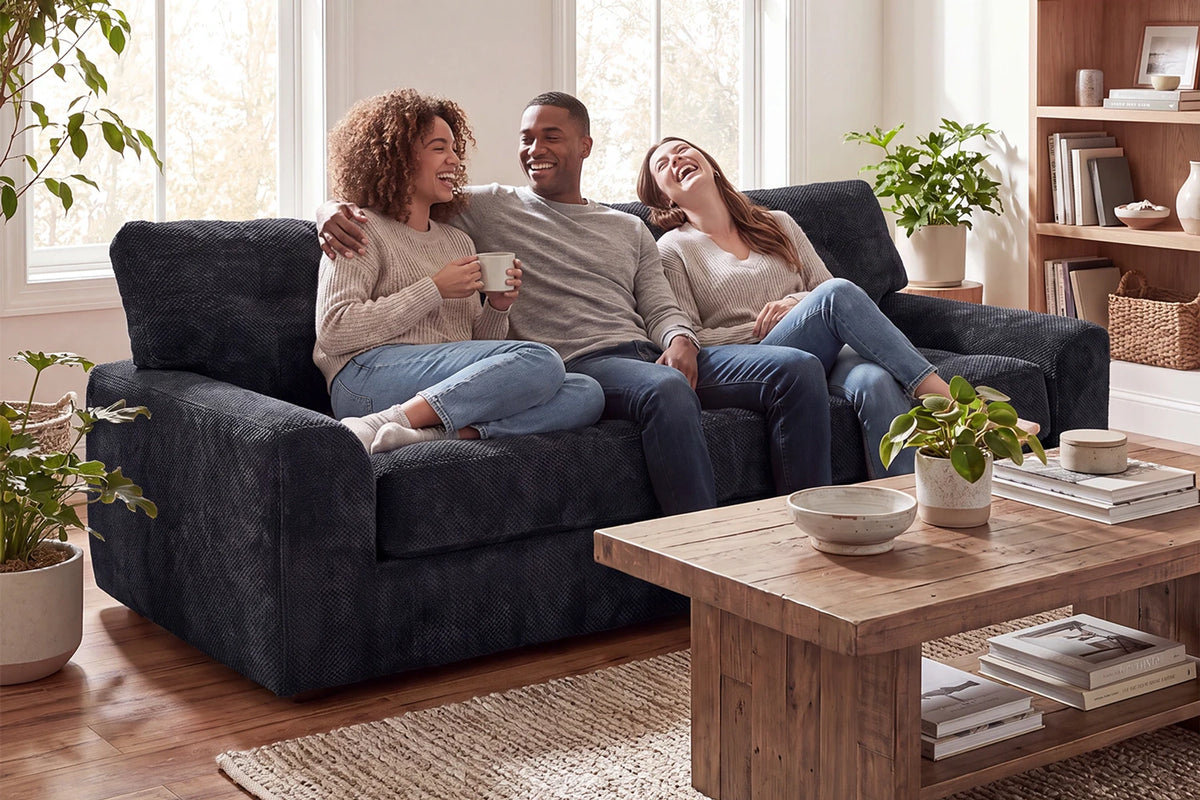 Couple Relaxing on Monvane 75.6-Inch Black 3-Seater Convertible Chenille Sofa in Floor Chaise Lounge Mode