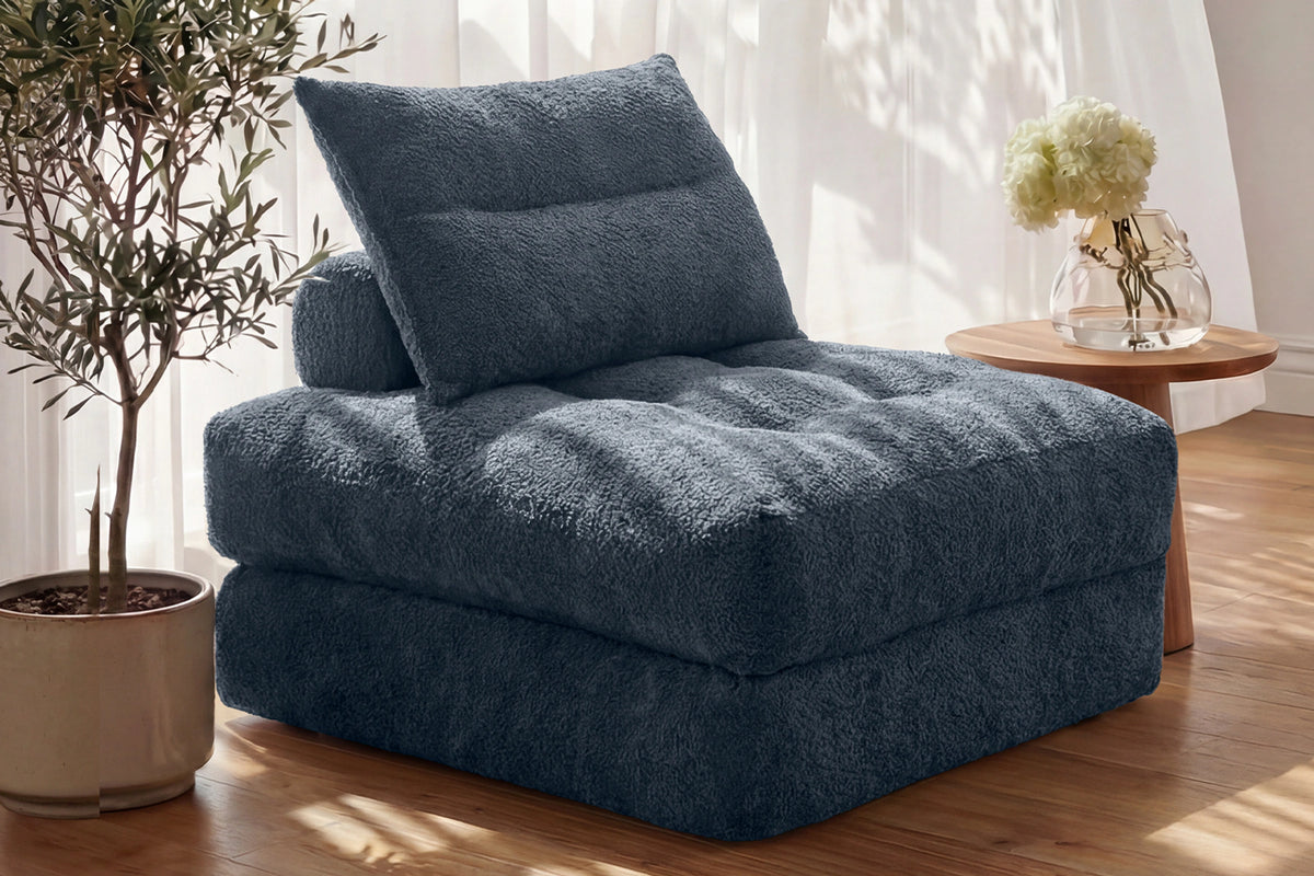 Monvane Oversized 3-in-1 Folding Sofa Bed in Blue 400GSM Teddy Velvet - Folded 38x33.86x16.54 Inch Sleeper Chair with 2 Pillows