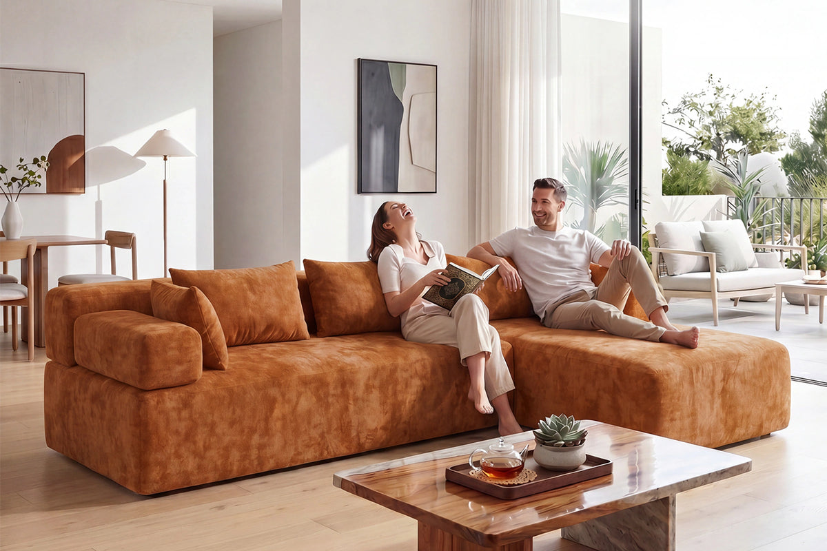 Orange L-shaped sectional couch (chenille) by Monvane