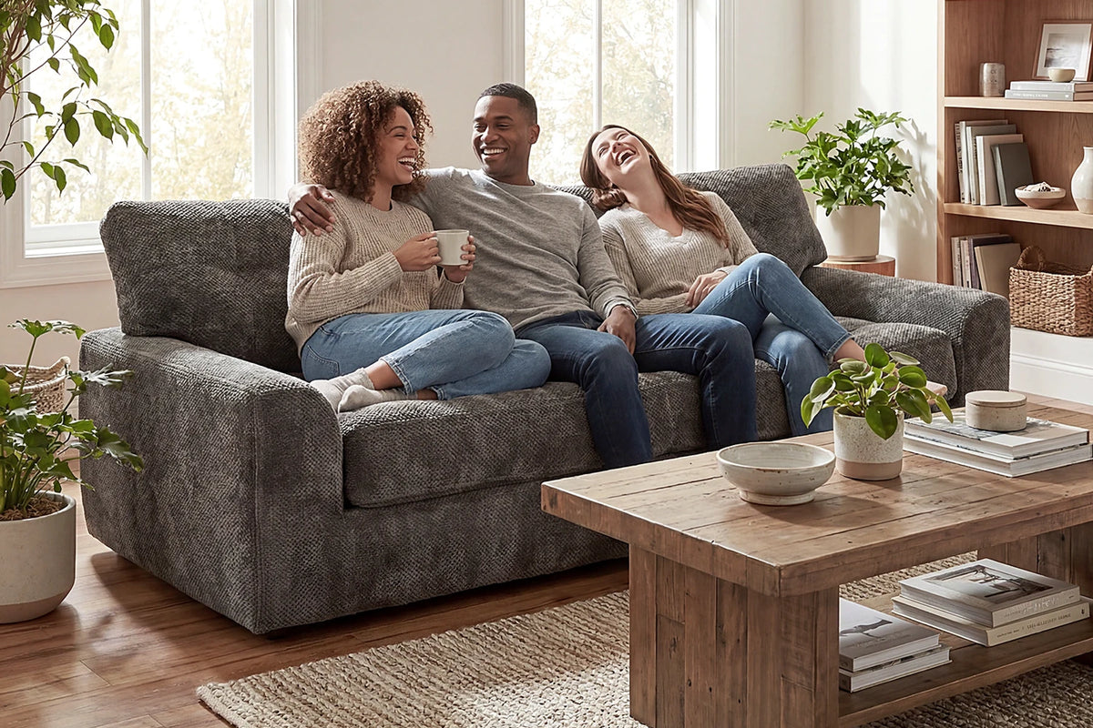 Couple Stretching Legs on Monvane 75.6-Inch Dark Grey 3-Seater Chenille Sofa in Floor Chaise Lounger Mode