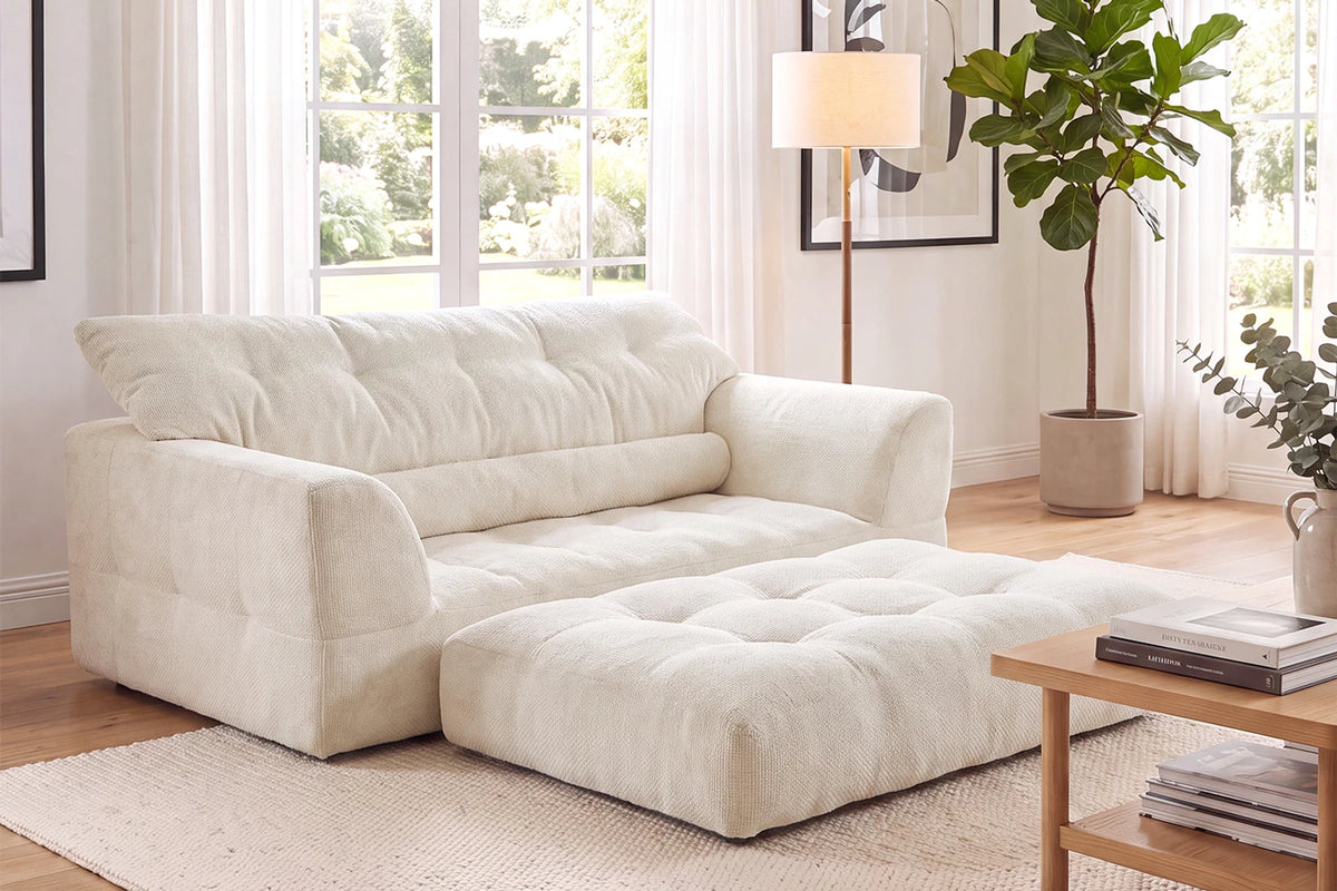 Couple Relaxing on Monvane Beige 2-in-1 Convertible Chenille Loveseat in Floor Lounger Mode