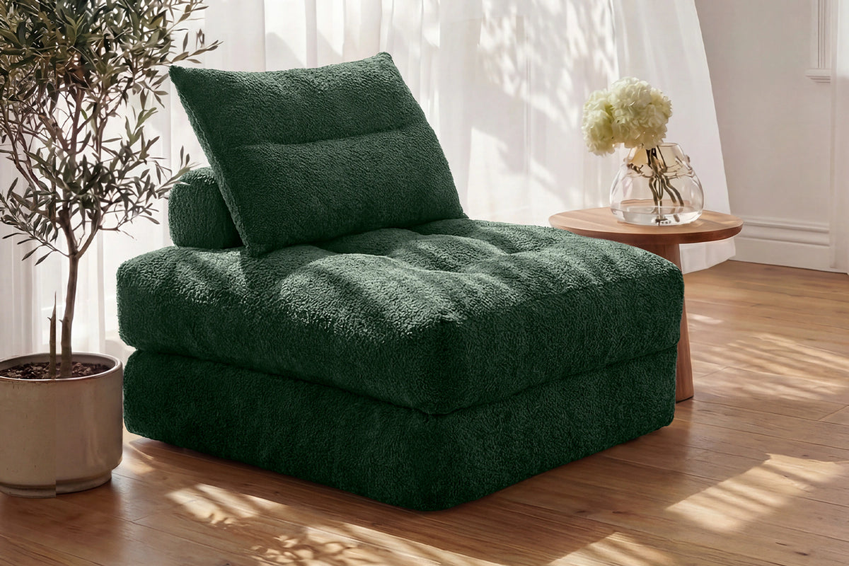 Monvane Oversized 3-in-1 Folding Sofa Bed in Green 400GSM Teddy Velvet - Folded 38x33.86x16.54 Inch Sleeper Chair with 2 Pillows