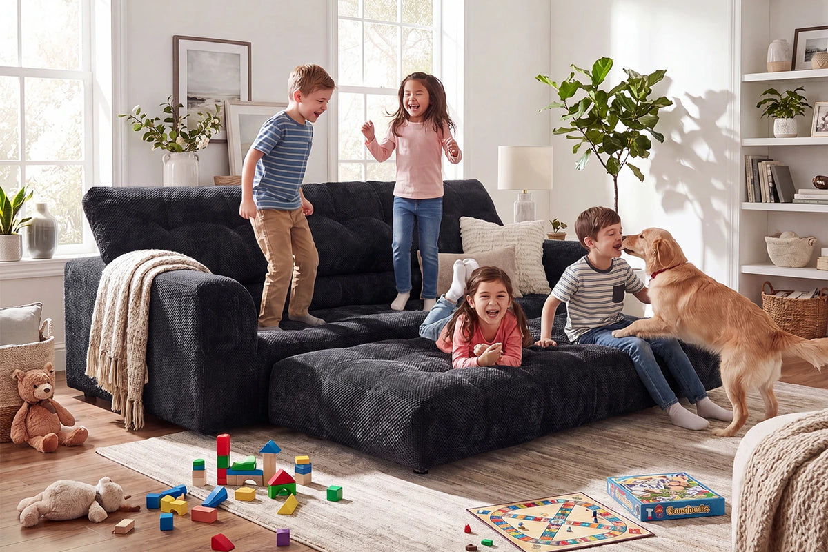 Family and Dog Relaxing on Monvane 75.6-Inch Black 3-Seater Boneless Chenille Couch (900 lbs Capacity)