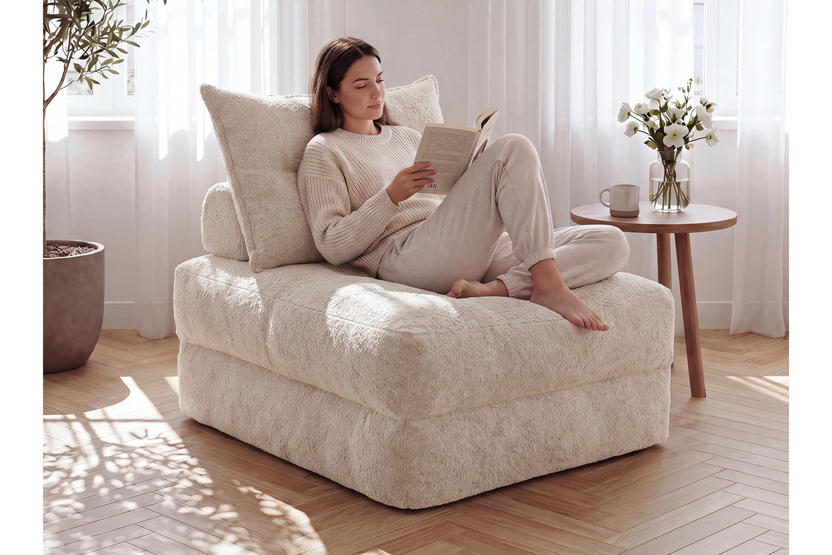 Monvane Oversized 3-in-1 Folding Sofa Bed in Beige 400GSM Teddy Velvet - Folded 38x33.86x16.54 Inch Sleeper Chair with 2 Pillows