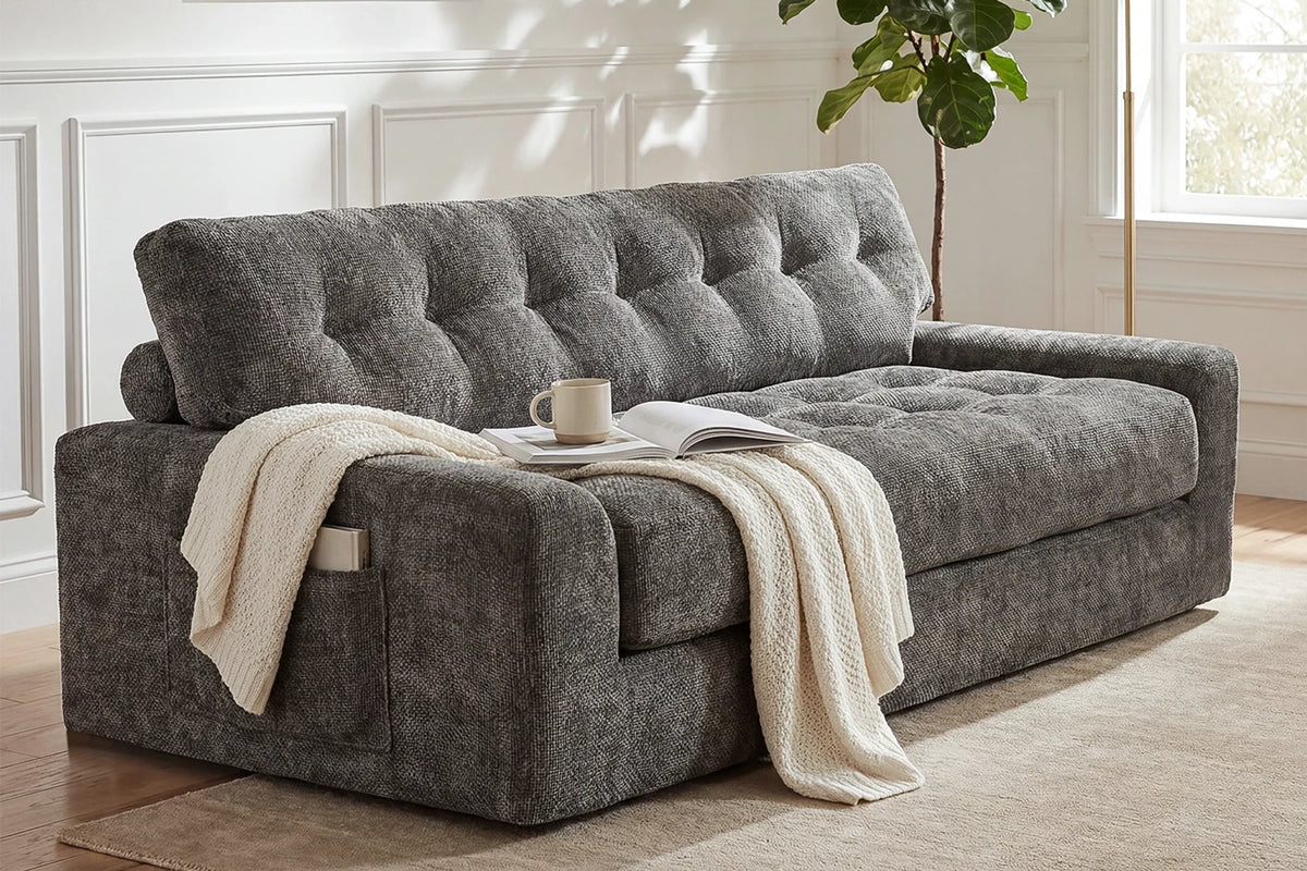Family and Pet Dog Relaxing on Monvane 75.6-Inch Dark Grey 3-Seater Chenille Boneless Couch (900 lbs Capacity)