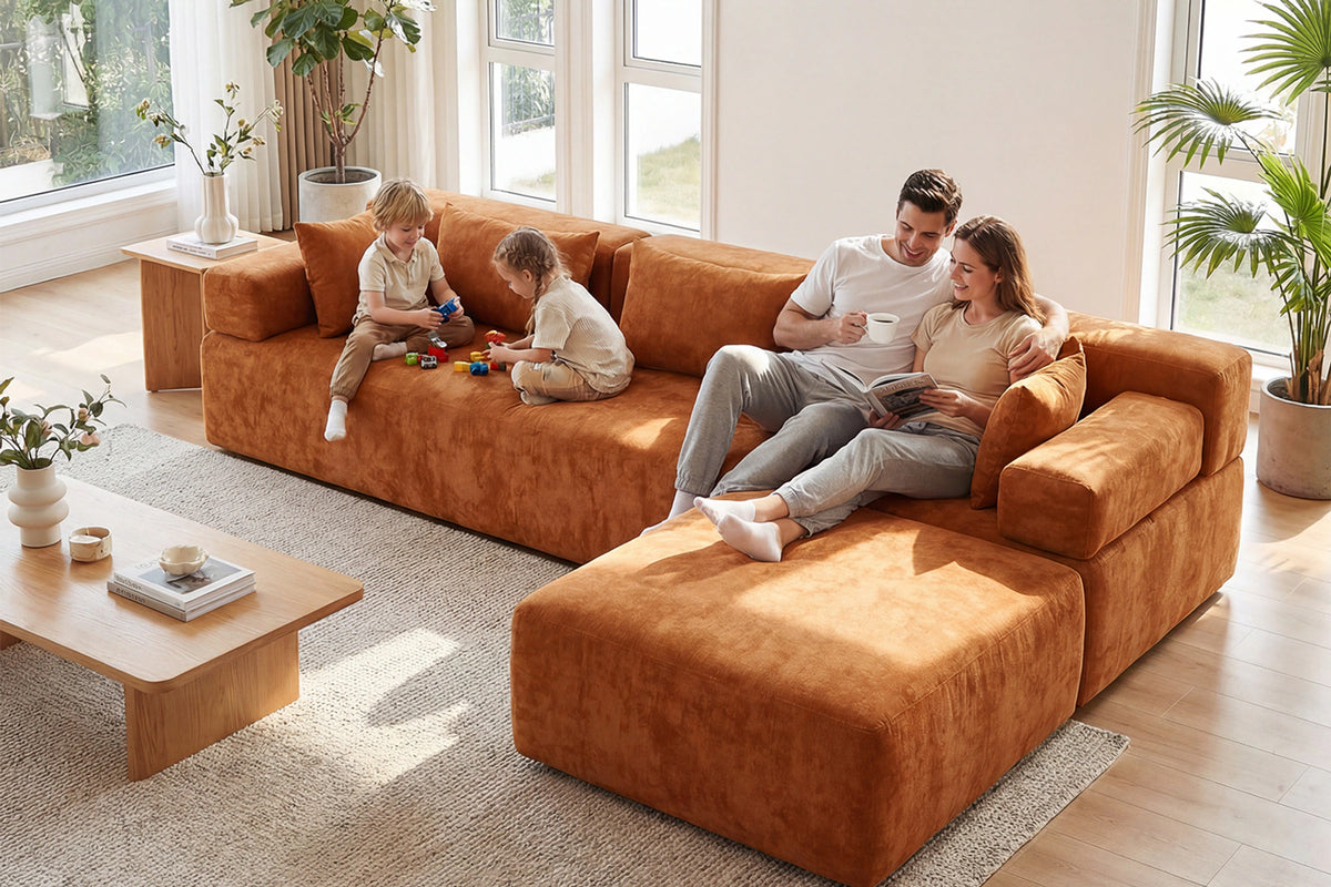 Orange L-shaped sectional couch (chenille) by Monvane