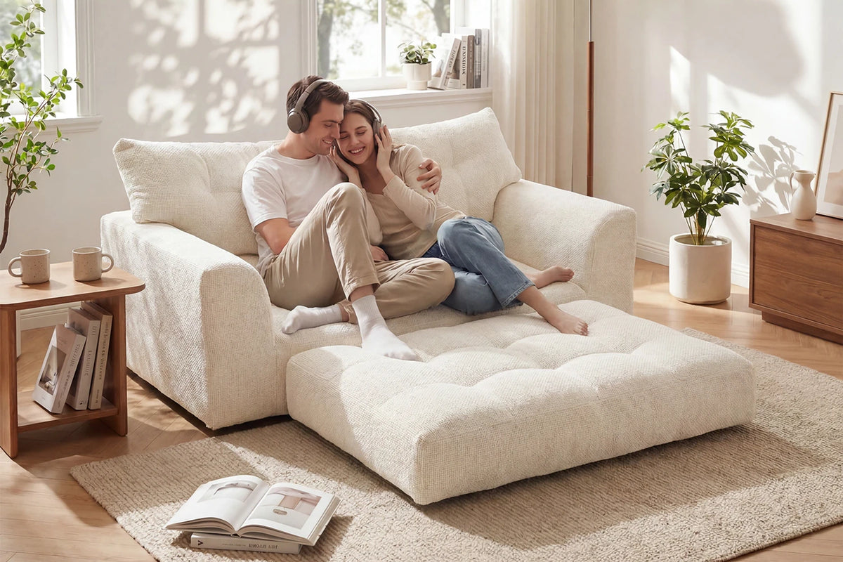 Two Adults Lounging on Monvane Beige No-Assembly Chenille Loveseat Couch (550 lbs Capacity)