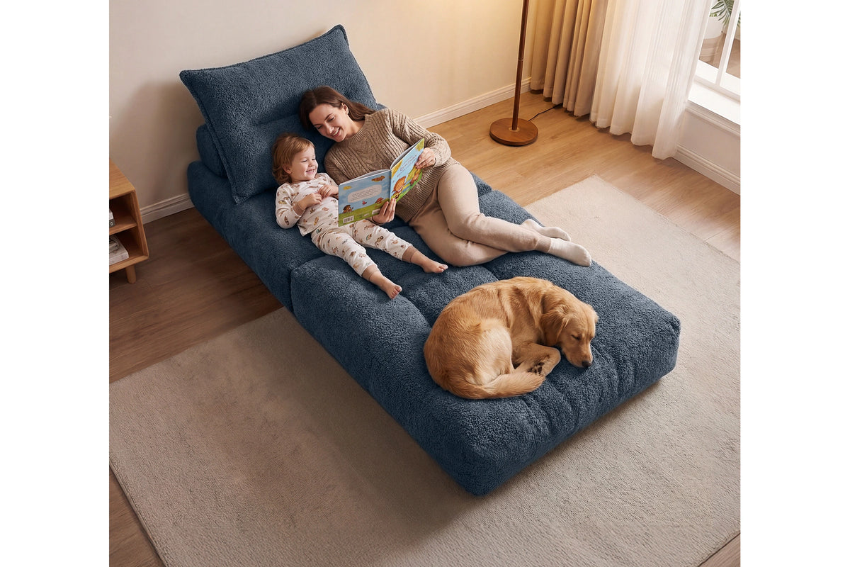 Monvane Oversized 3-in-1 Folding Sofa Bed in Blue 400GSM Teddy Velvet - Folded 38x33.86x16.54 Inch Sleeper Chair with 2 Pillows