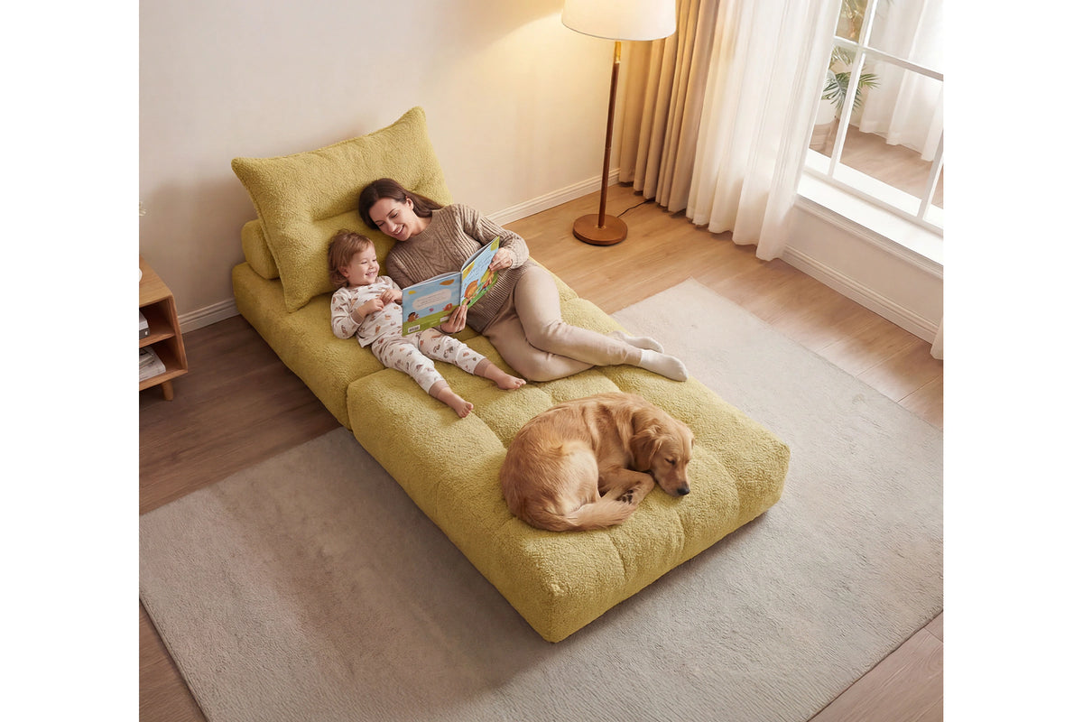 Monvane Oversized 3-in-1 Folding Sofa Bed in Yellow 400GSM Teddy Velvet - Folded 38x33.86x16.54 Inch Sleeper Chair with 2 Pillows