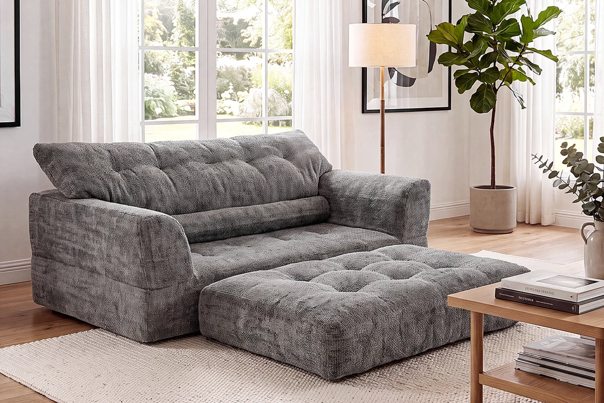Monvane Dark Grey Convertible Loveseat with 1-Piece Removable Top Seat Cushion Placed on Floor as Extended Chaise Lounger