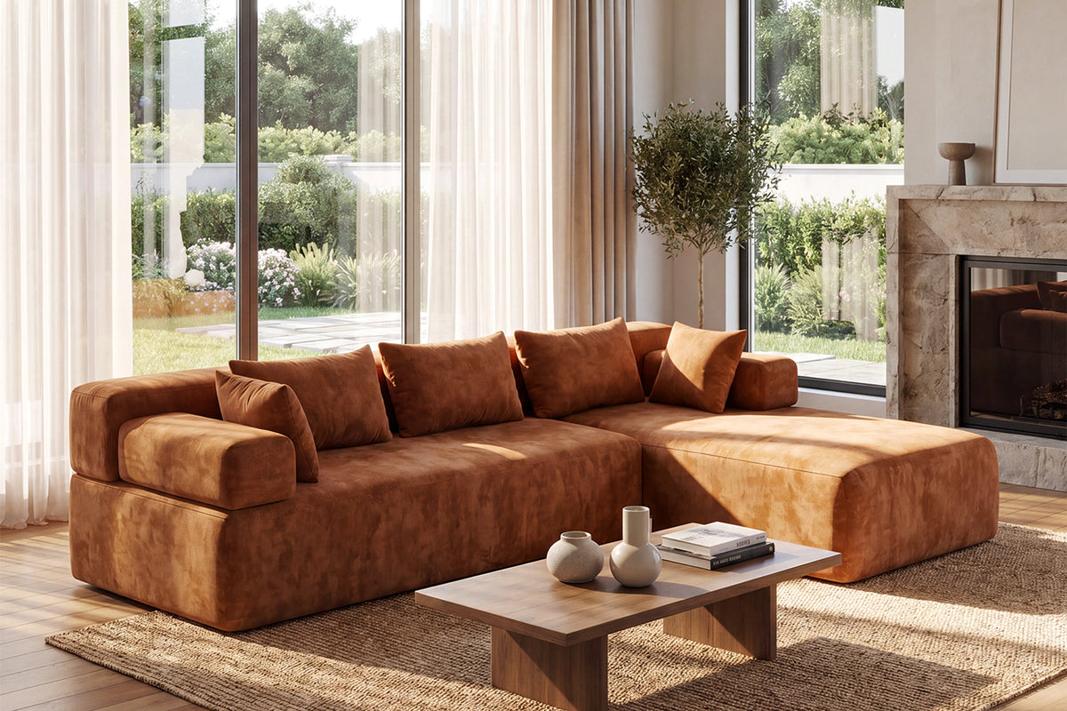 Orange L-shaped sectional couch (chenille) by Monvane