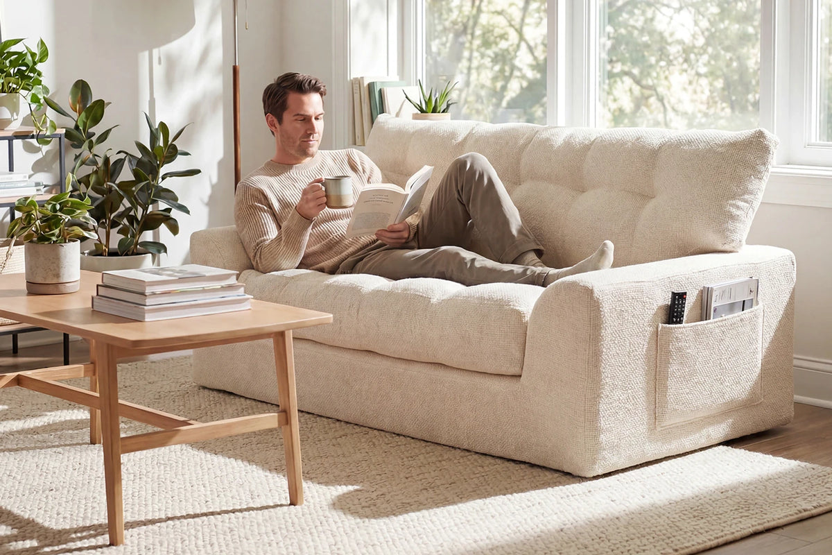 Monvane Beige Convertible Loveseat with Removable 1-Piece Top Seat Cushion Extended on Floor as Chaise Lounge