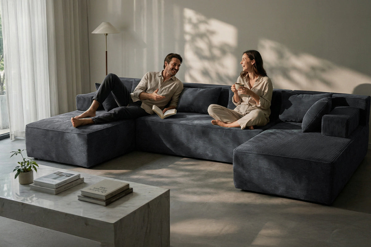 Grey U-shaped sectional couch (corduroy) by Monvane
