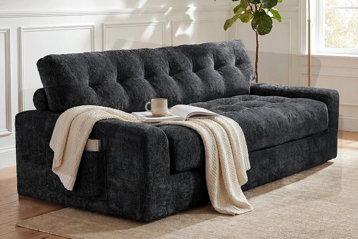 Monvane 75.6-Inch Black Convertible 3-Seater Sofa with Removable 1-Piece Top Seat Cushion Placed on Floor as Chaise Lounger