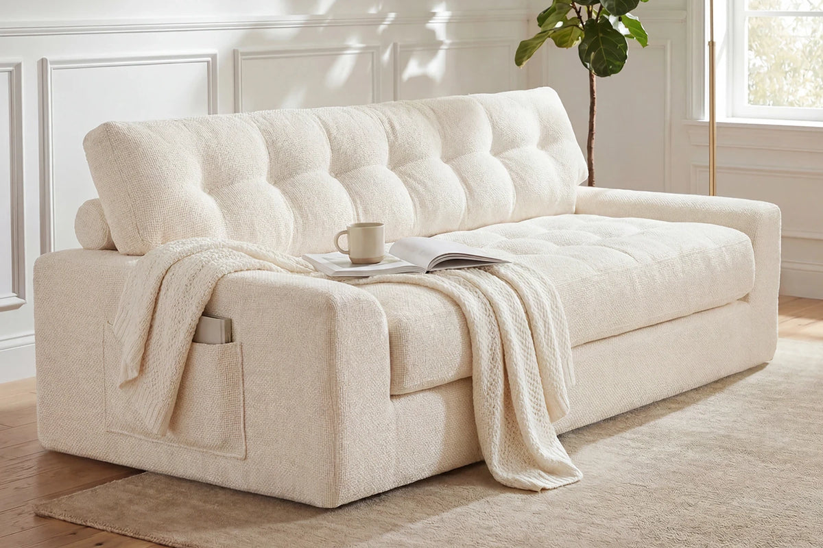 Monvane 75.6-Inch Beige Convertible 3-Seater Sofa with Removable 1-Piece Top Seat Cushion Extended on Floor as Chaise Lounge