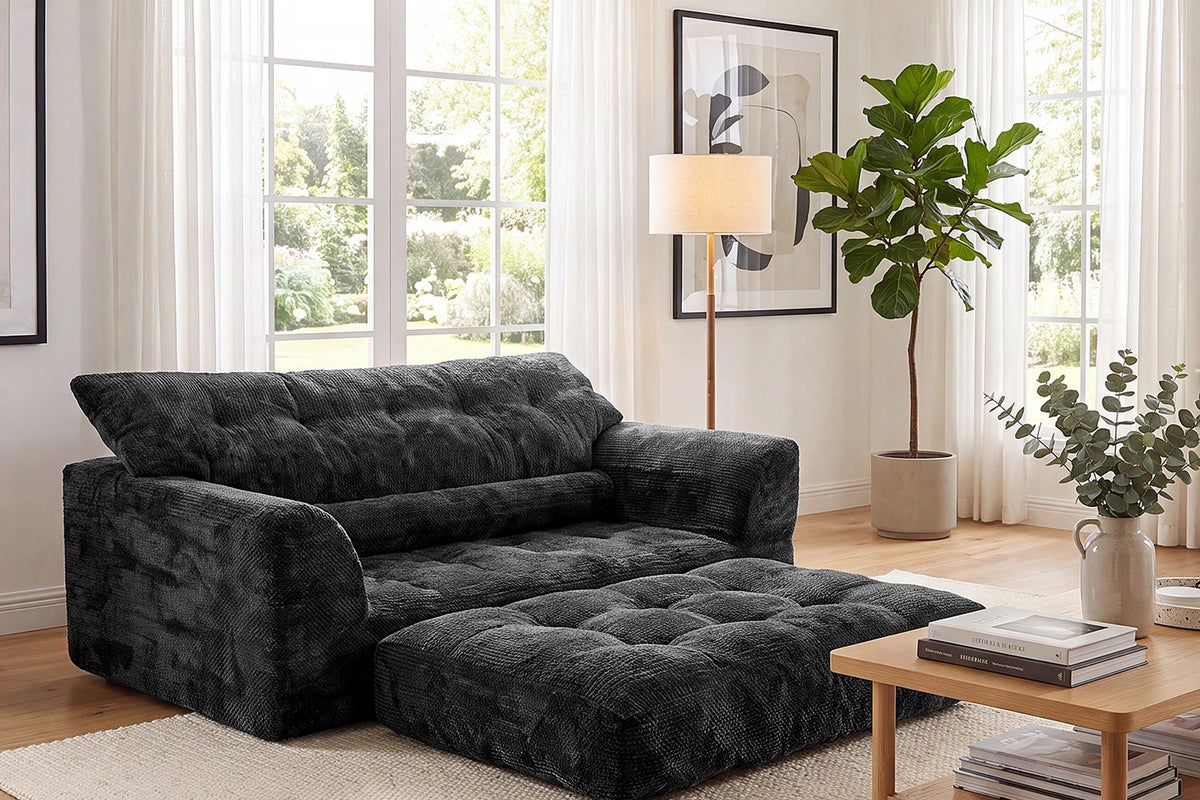 Monvane Black Convertible Loveseat with Removable 1-Piece Top Seat Cushion Placed on Floor as Chaise Lounger