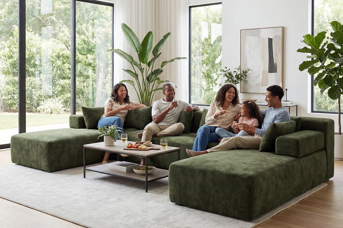 Green U-shaped sectional couch (chenille) by Monvane