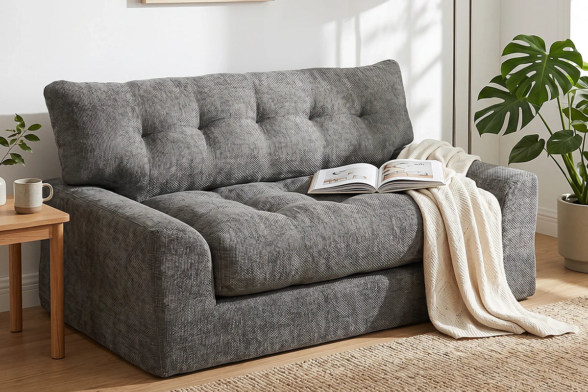 Monvane Dark Grey Chenille 2-Seater Boneless Couch in Apartment Living Room