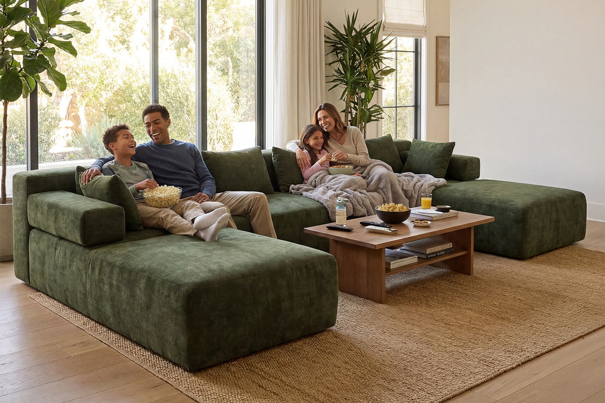 Green U-shaped sectional couch (chenille) by Monvane