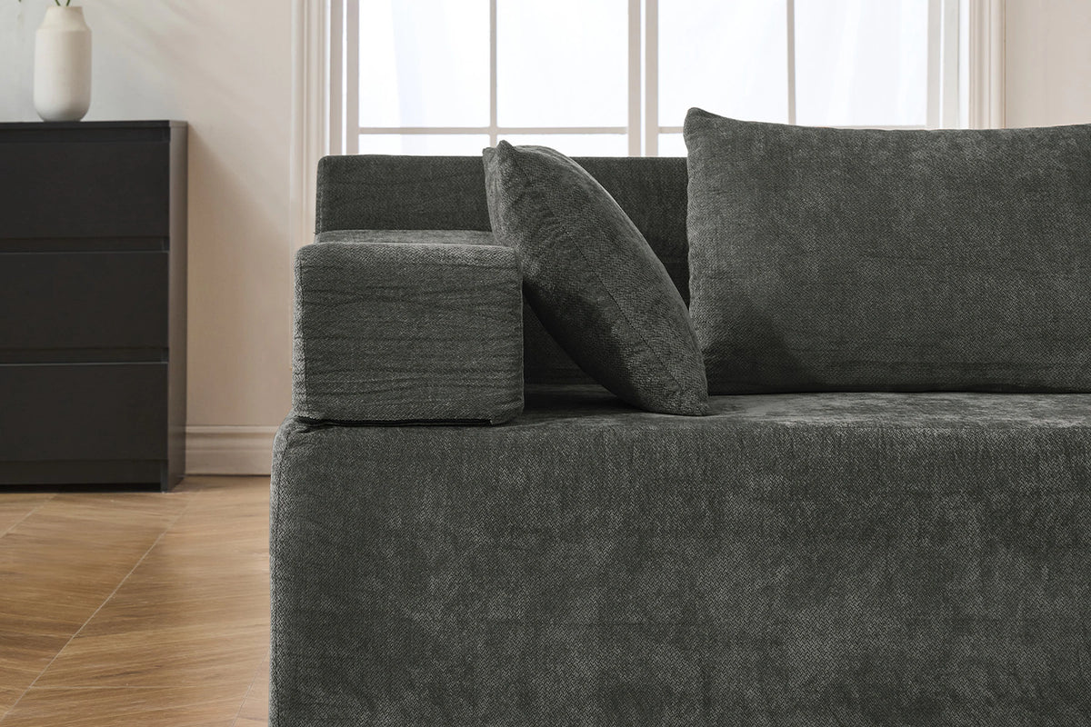 Grey chenille sectional couch with armrest, seat cushion and back cushions