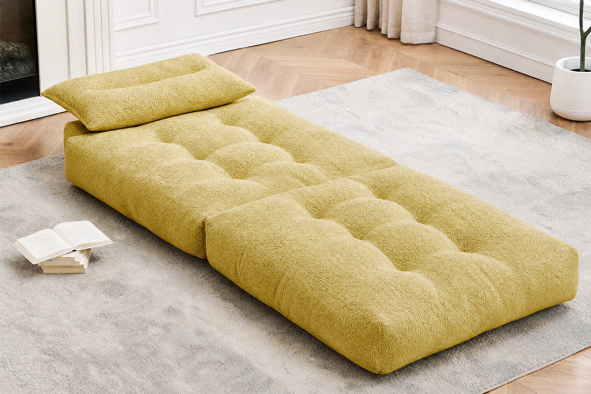 Monvane Oversized 3-in-1 Folding Sofa Bed in Yellow 400GSM Teddy Velvet - Folded 38x33.86x16.54 Inch Sleeper Chair with 2 Pillows