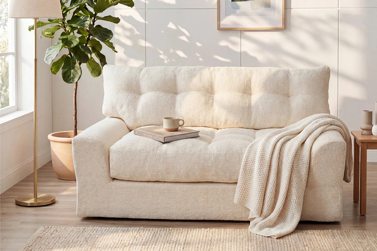 Side Angle View of Monvane Beige Chenille Loveseat Showing 11.8x7.87 Inch Side Storage Pocket