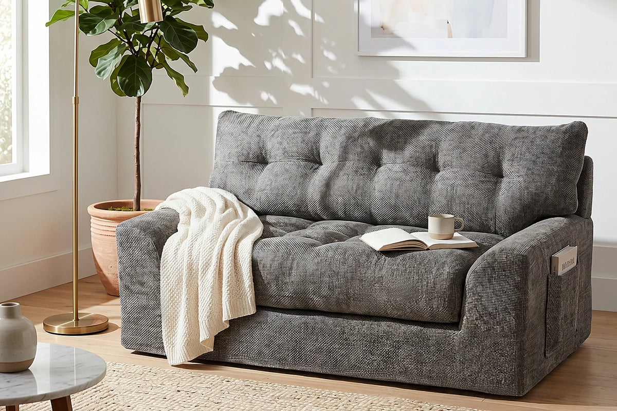 Side Angle View of Monvane Dark Grey Chenille Loveseat Showing Deep Seat and Side Storage Pocket