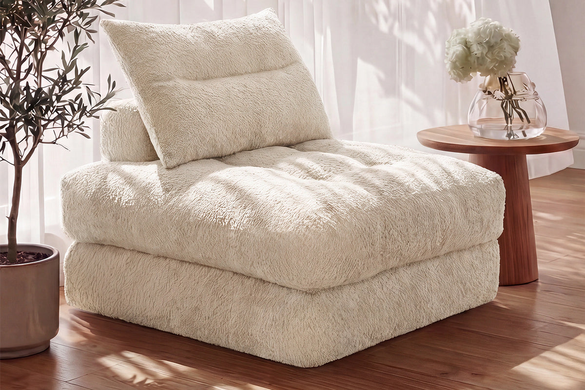 Monvane Oversized 3-in-1 Folding Sofa Bed in Beige 400GSM Teddy Velvet - Folded 38x33.86x16.54 Inch Sleeper Chair with 2 Pillows