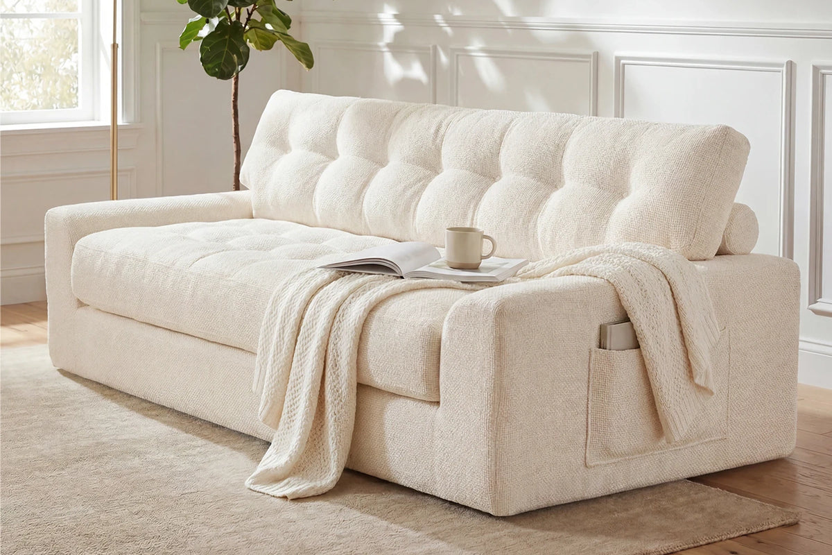 Side Angle View of Monvane 75.6-Inch Beige 3-Seater Chenille Sofa Showing 11.8x7.87 Inch Side Storage Pocket