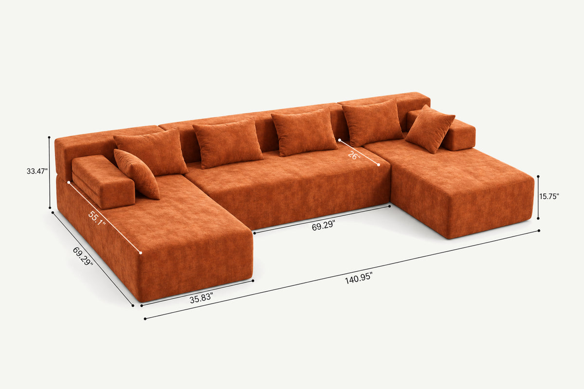 Orange U-shaped sectional couch (chenille) by Monvane