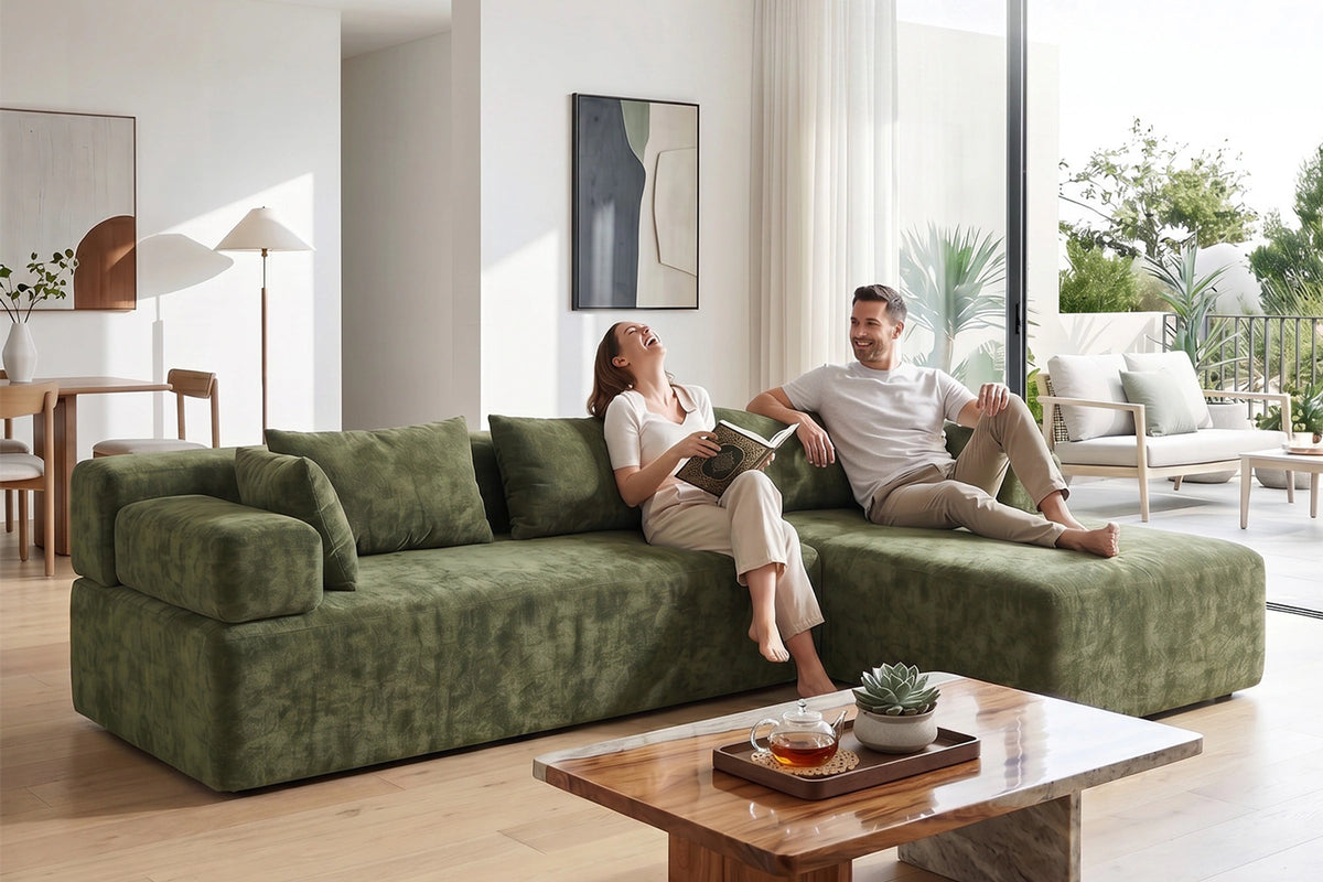 Green L-shaped sectional couch (chenille) by Monvane