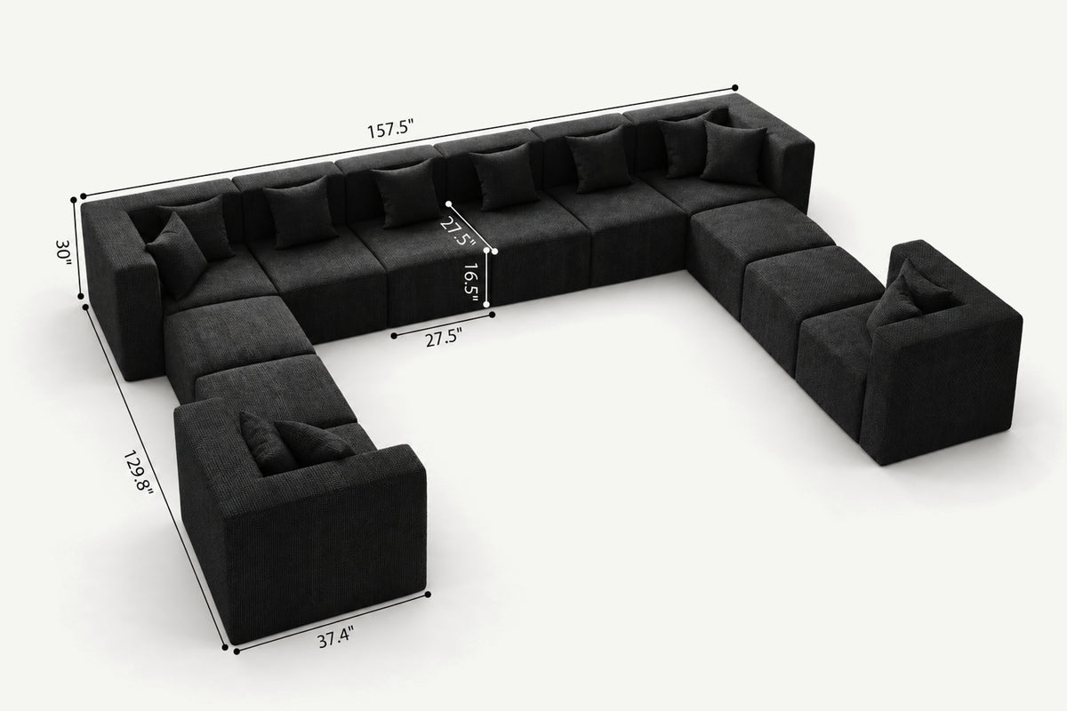 Black chenille 12-seat U-shaped couch by Monvane