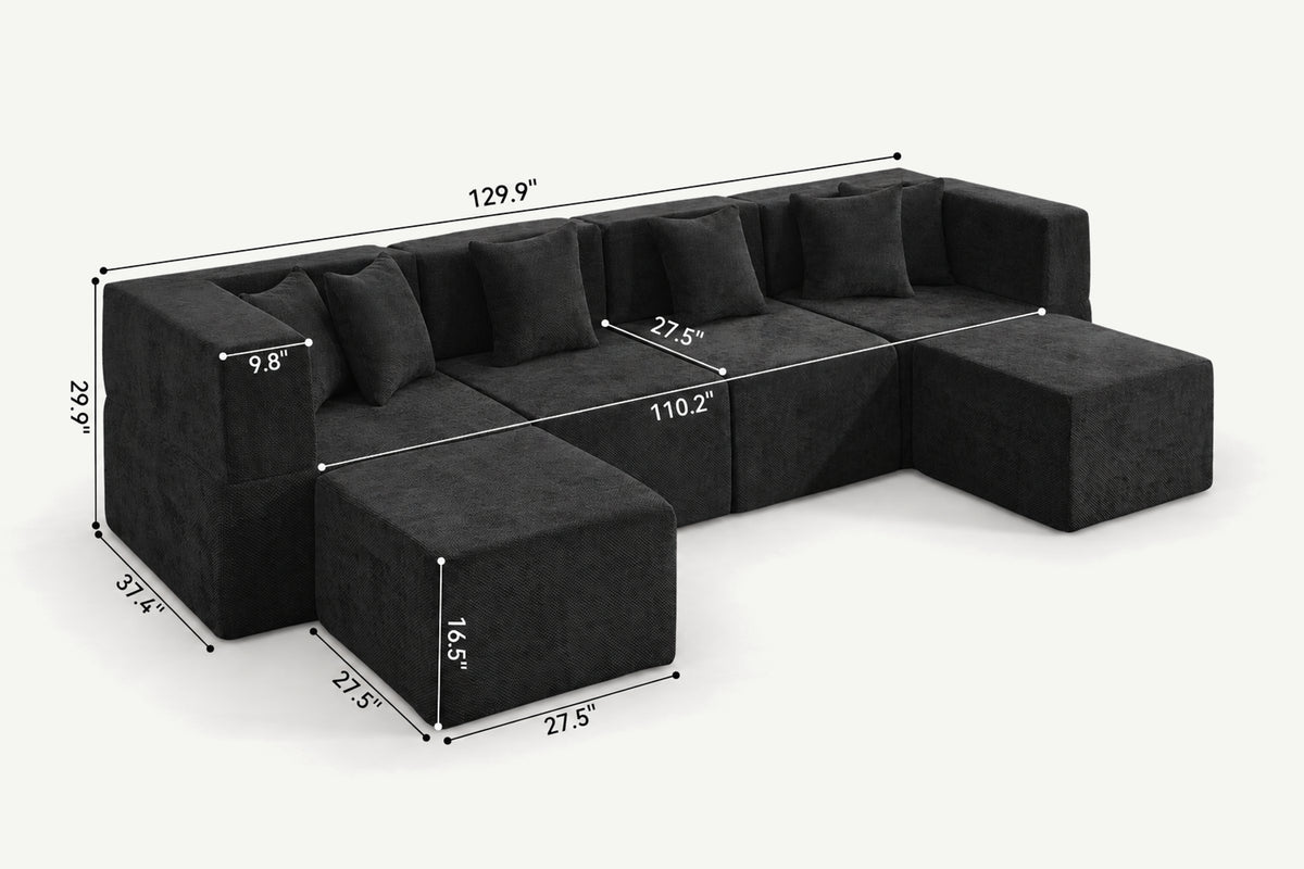 Black chenille U-shaped modular couch by Monvane