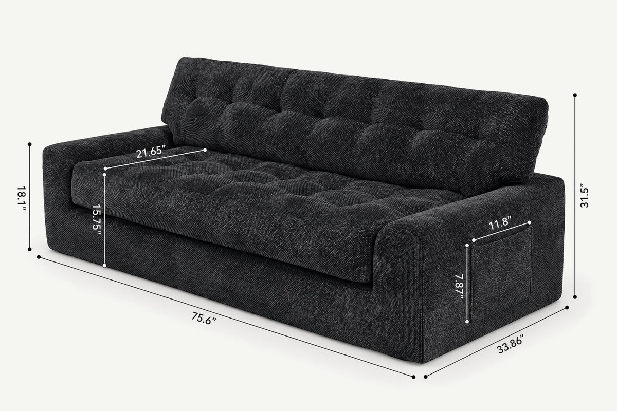 Monvane 75.6-Inch Black Convertible 3-Seater Sofa with Removable 1-Piece Top Seat Cushion Placed on Floor as Chaise Lounger