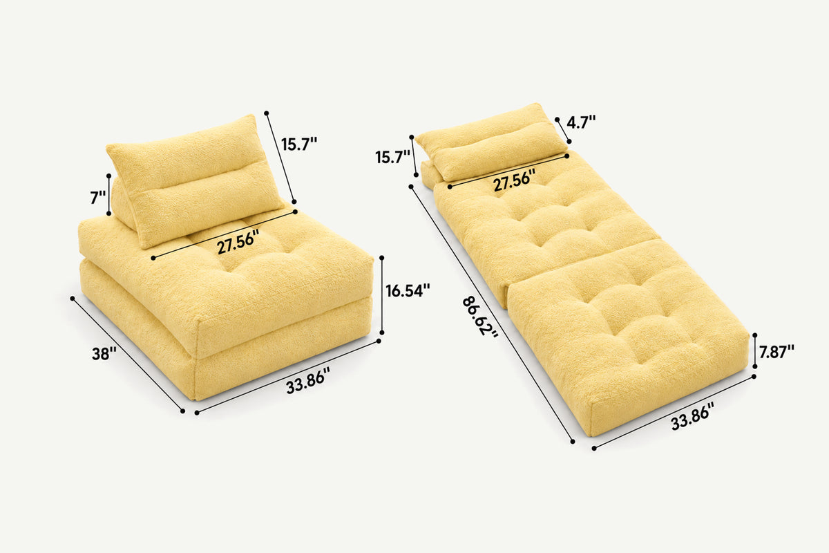 Monvane Oversized 3-in-1 Folding Sofa Bed in Yellow 400GSM Teddy Velvet - Folded 38x33.86x16.54 Inch Sleeper Chair with 2 Pillows