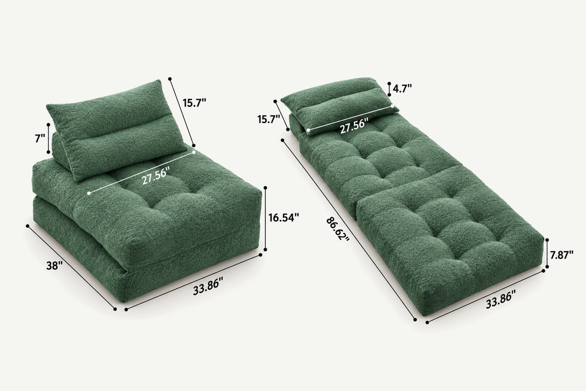 Monvane Oversized 3-in-1 Folding Sofa Bed in Green 400GSM Teddy Velvet - Folded 38x33.86x16.54 Inch Sleeper Chair with 2 Pillows