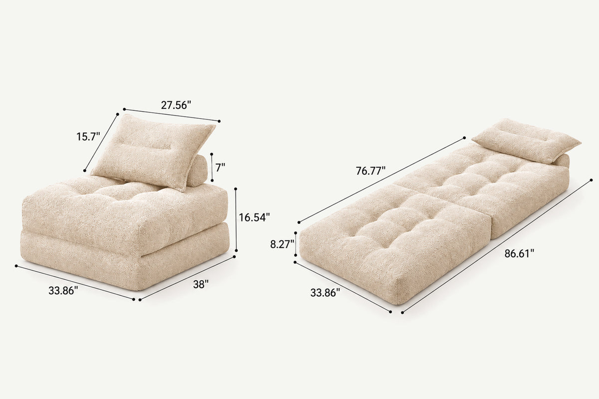 Monvane Oversized 3-in-1 Folding Sofa Bed in Beige 400GSM Teddy Velvet - Folded 38x33.86x16.54 Inch Sleeper Chair with 2 Pillows
