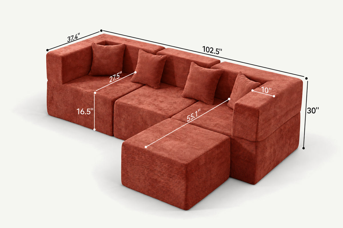 Red chenille L-shaped modular couch by Monvane