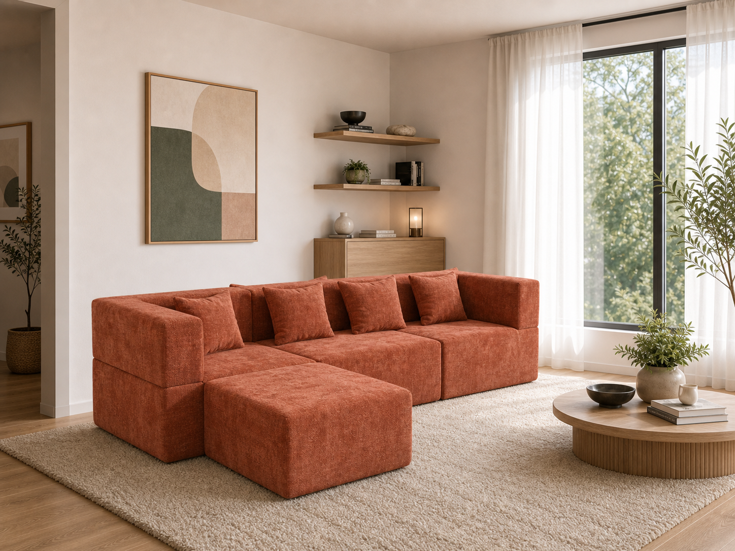 Apartment living room with Monvane L-shaped modular couch