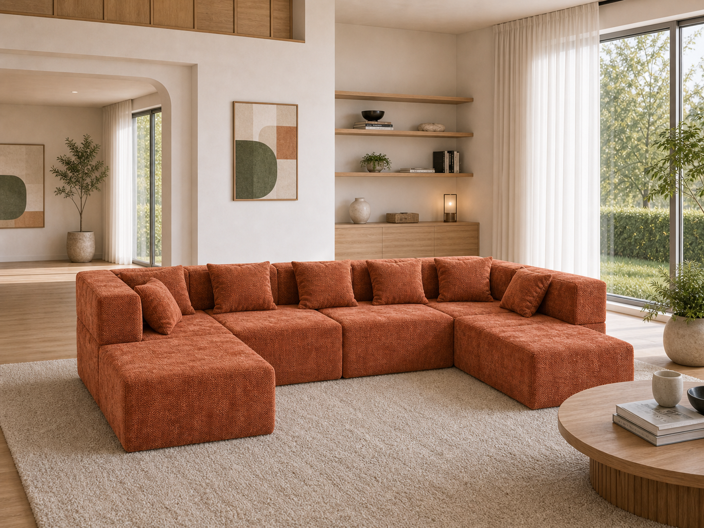 Family great room with Monvane U-shaped sectional couch