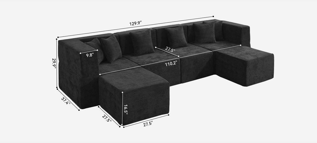 Dark Grey U-Shaped Modular Couch with 130" width, 65" depth and 30" height